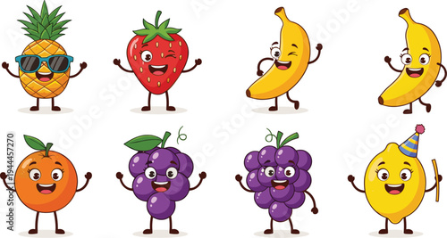 Cute funny cartoon fruit characters vector illustration with happy expressions, colorful design, isolated on white background for kids and stickers