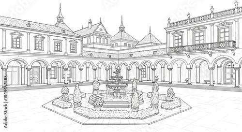Detailed Line Drawing of a Grand Historic Building Courtyard, Classical Architecture, Ornate Fountain, Arches, Pillars