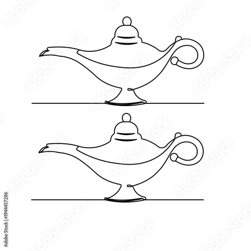 Continuous line drawing of a magic genie lamp on a white background
