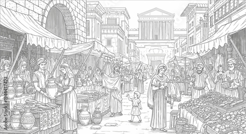 Detailed sketch of a bustling ancient marketplace with diverse people, merchant stalls, and classical architecture in a historical city