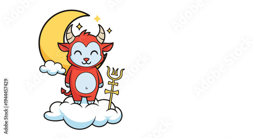 Cute red devil character with horns and a tail stands happily on a white cloud with a golden trident under a yellow crescent moon.