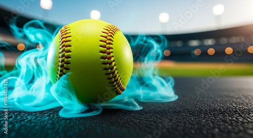 A bright yellow softball emitting blue smoke, set against a blurred stadium background