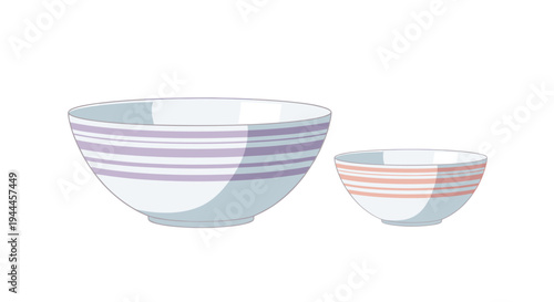 Pair of ceramic bowls features a large bowl with purple stripes and a smaller one with orange stripes for size comparison.