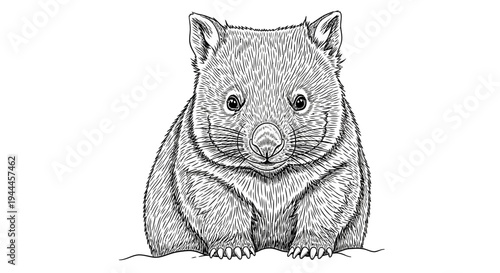 Cute hand-drawn wombat illustration, detailed black and white sketch of an adorable Australian marsupial animal art