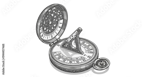 Antique Sundial Compass Illustration - Vintage Scientific Instrument for Time and Navigation in Black and White Line Art