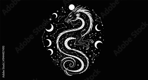 Mystical white dragon illustration with crescent moon phases, stars, and constellations on a dark background. Celestial fantasy art.