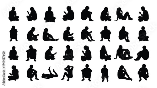 Collection of diverse yoga poses and meditation postures in black silhouettes on white background for health and wellness illustration