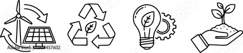 Sustainability and ESG line icons set with renewable energy, recycling and environmental protection
