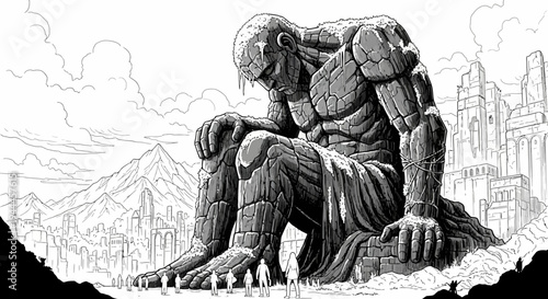 Colossal stone giant contemplating in an epic fantasy world with tiny people and ancient ruins, detailed black and white illustration