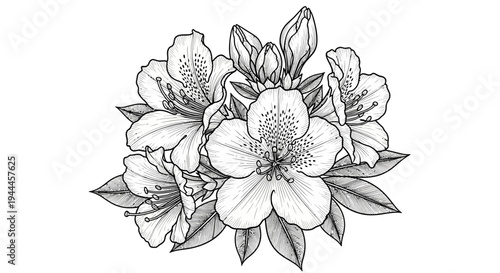 Elegant hand-drawn botanical illustration of blooming rhododendron flowers with buds and leaves. Vintage black and white floral sketch.