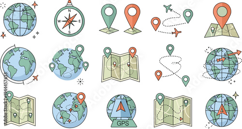 Travel Map Navigation Icon Collection with GPS Location Pins, Globe Routes, Compass, and Journey Direction Symbols Vector Set