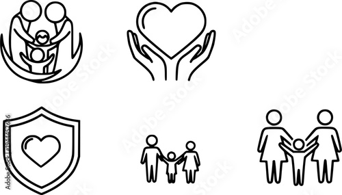 Family care and love line icons set, protection and support concept
