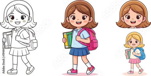 Cute schoolgirl cartoon illustration with backpack, holding books, smiling character design, educational vector art for children, learning and school theme.