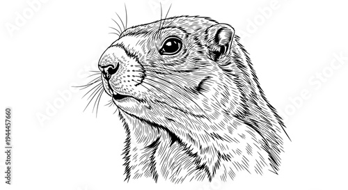 Detailed vintage groundhog illustration, hand-drawn black and white sketch of a marmot head. Realistic rodent portrait art.