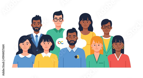 Diverse Group with Neurodiversity Symbols Celebrating Inclusion, Teamwork, and Community