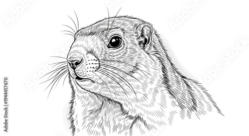 Detailed black and white illustration of a gopher or groundhog head. Hand-drawn rodent sketch with intricate fur texture.