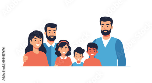 Happy Diverse Family Illustration: Parents and Three Smiling Children, Flat Design Vector