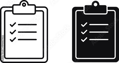 Clipboard with check list icon set in outline and solid style for business task management