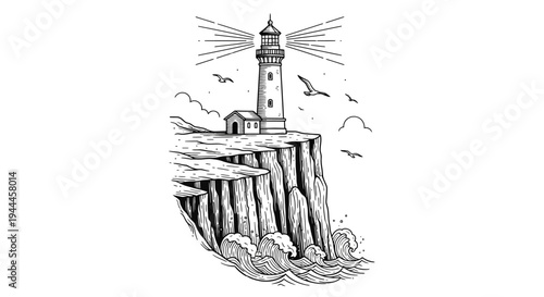 Vintage Lighthouse on Cliff by Ocean, Hand Drawn Engraving. Nautical Maritime Illustration with Waves & Seagulls