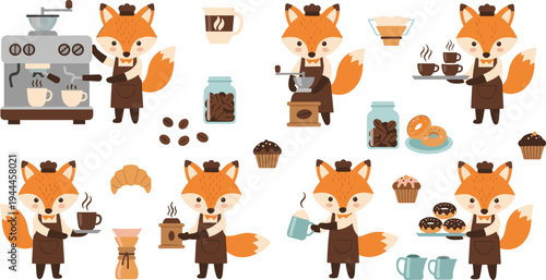 Cute Fox Barista Characters Making Coffee with Espresso Machine, Coffee Beans and Pastries, Cartoon Animal Cafe Workers Vector Illustration Set