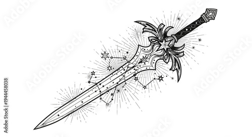 Detailed fantasy sword illustration with celestial stars, cosmic constellations, and magical energy, line art graphic.