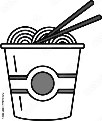 Filled line color icon of noodles in cup with chopsticks and label drawing