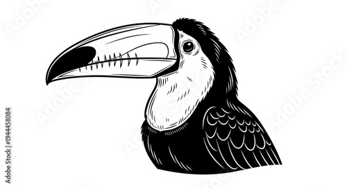Hand-drawn black and white toucan illustration. Exotic tropical bird head and beak drawing with intricate details.