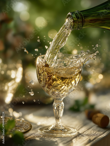 White wine pouring from bottle into crystal glass.