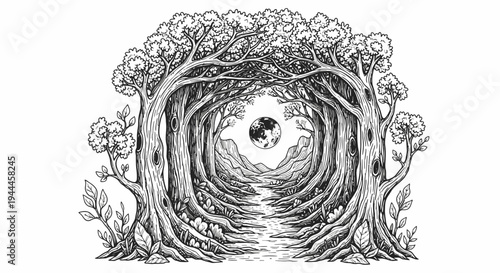 Hand-drawn enchanted forest path through intertwined trees & roots leading to a distant Earth globe. Black & white nature illustration.