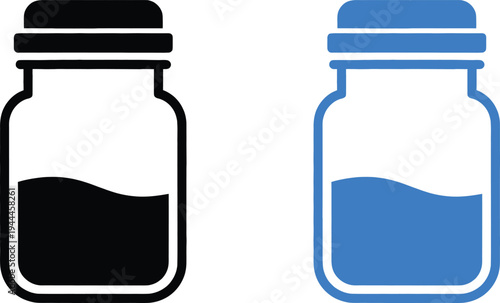 Glass jar icon with liquid in black and blue color options on a transparent background