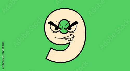 Angry Cartoon Number Nine On Green Background