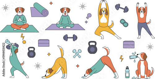 Cute Dog Fitness and Yoga Characters Exercising with Dumbbells, Kettlebell and Yoga Mat, Cartoon Puppy Workout and Healthy Lifestyle Vector Illustration Set