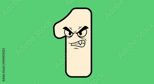 Cartoon Number One with Angry Face on Green Background