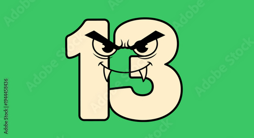 Cartoon Number Thirteen with Evil Face and Fangs