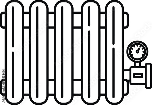Heating radiator icon with manometer vector outline on transparent background for home heating