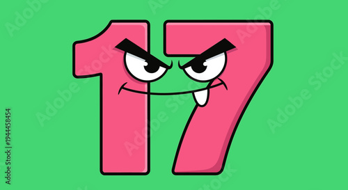 Cartoon Number Seventeen with Evil Face