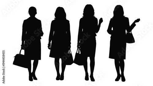 Silhouette of four women in business attire walking in a line with handbags