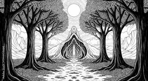 Enchanted forest path leading to a mysterious ancient gateway under a full moon. Detailed black and white fantasy illustration.