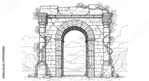 Vintage detailed line art illustration of a crumbling stone archway ruin adorned with climbing vines, ancient classical architecture, landscape background.