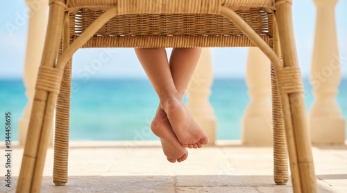 Close-up of a child's crossed bare feet under a wicker chair with a sea view in the background, summer relaxation, beach vacation, carefree childhood moment.
