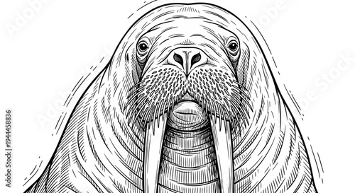 Detailed walrus head illustration, hand-drawn black and white line art, marine mammal portrait with tusks, arctic animal wildlife