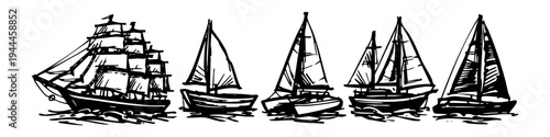 Set of hand-drawn ink sketches featuring diverse sailing vessels, from majestic tall ships to modern yachts. Minimalist nautical line art ideal for maritime themes and vintage illustrations.
