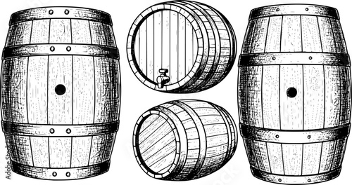 Two oak barrels, hand drawn in sketch style. Wooden casks, kegs illustration
