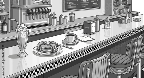 Classic American Diner Counter with Milkshake, Pancakes, and Coffee in Black and White Illustration