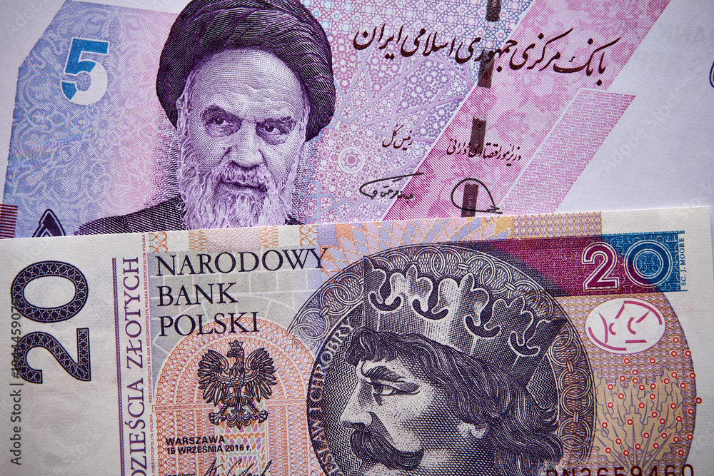 Obraz premium polski złoty i rial irański, banknoty