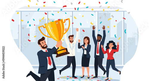 Business team celebrating with trophy.