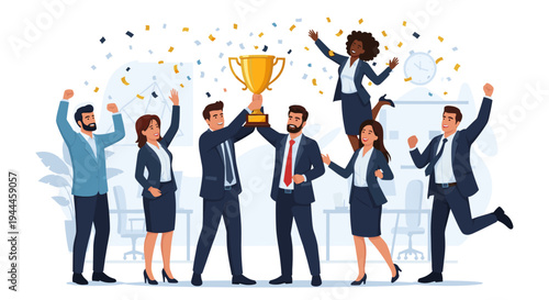 Business team celebrating with trophy.