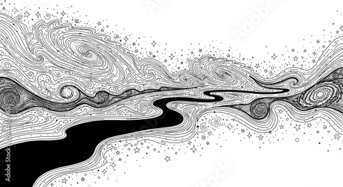 Winding cosmic river illustration with intricate swirling patterns and sparkling elements, detailed black and white abstract design.