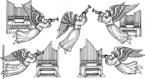 Christmas Angel flying and trumpet on pipe. Religious holiday. Hand drawn illustration in vintage engraving style
