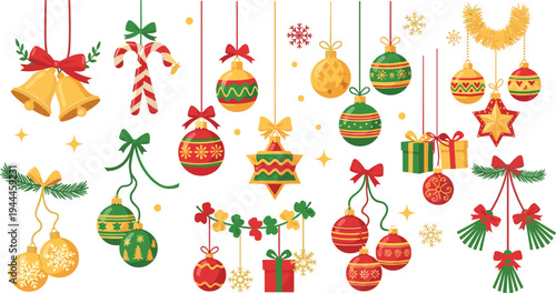 Christmas Hanging Ornament Decoration Collection with Baubles, Bells, Candy Cane, Gifts, Stars, and Festive Holiday Tree Decorations Vector Set